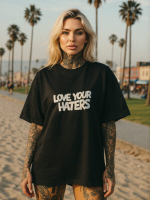 Model wearing Love Your Haters Black White T-Shirt front view with oversized streetwear fit and white graphic artwork