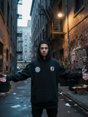 Model wearing the Japan Hoodie in an urban streetwear setting.