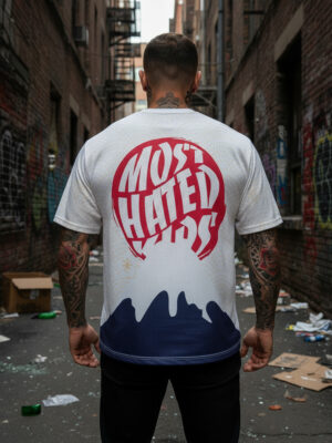 Male model wearing the Japan Perforated Tech Tee back view featuring oversized Most Hated Kids graphic artwork and perforated performance fabric