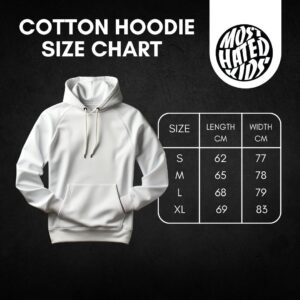 MHK cotton hoodie size chart showing measurements in centimeters: S (62 cm length, 77 cm width), M (65 cm length, 78 cm width), L (68 cm length, 79 cm width), and XL (69 cm length, 83 cm width).