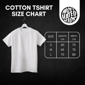 MHK cotton t-shirt size chart with measurements in centimeters: S (60 x 75 cm), M (65 x 78 cm), and L (70 x 80 cm).