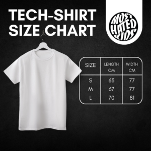 Tech-shirt size chart showing length and width measurements in centimeters: S (63 cm length, 77 cm width), M (67 cm length, 77 cm width), and L (70 cm length, 81 cm width).