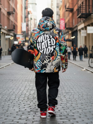 Back view of the StormCore Japan 26 Jacket featuring the large Most Hated Kids logo, Japanese-inspired artwork, and waterproof 3-layer shell construction.