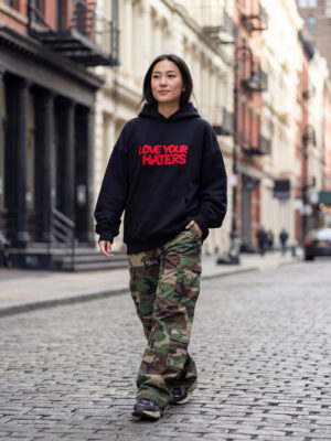 Female model wearing the Love Your Haters Black Hoodie with embroidered front artwork.