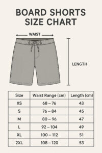 Board shorts size chart showing waist range and length measurements for sizes XS to 2XL. Waist ranges from 68–120 cm and lengths from 43–53 cm.
