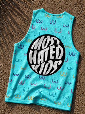 Back view of Boobs Aqua Tank Top featuring Most Hated Kids branding and playful all-over graphic artwork on lightweight performance fabric.